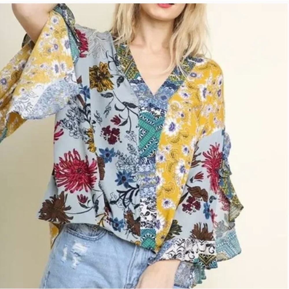 Umgee Patchwork Top Small Multicolor Boho - image 1